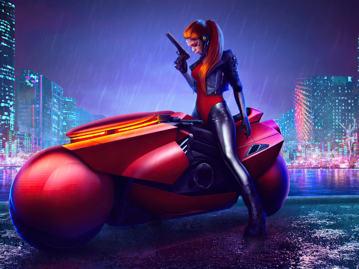 Девушка на фантастическом мотоцикле из видеоигры Cyberpunk
