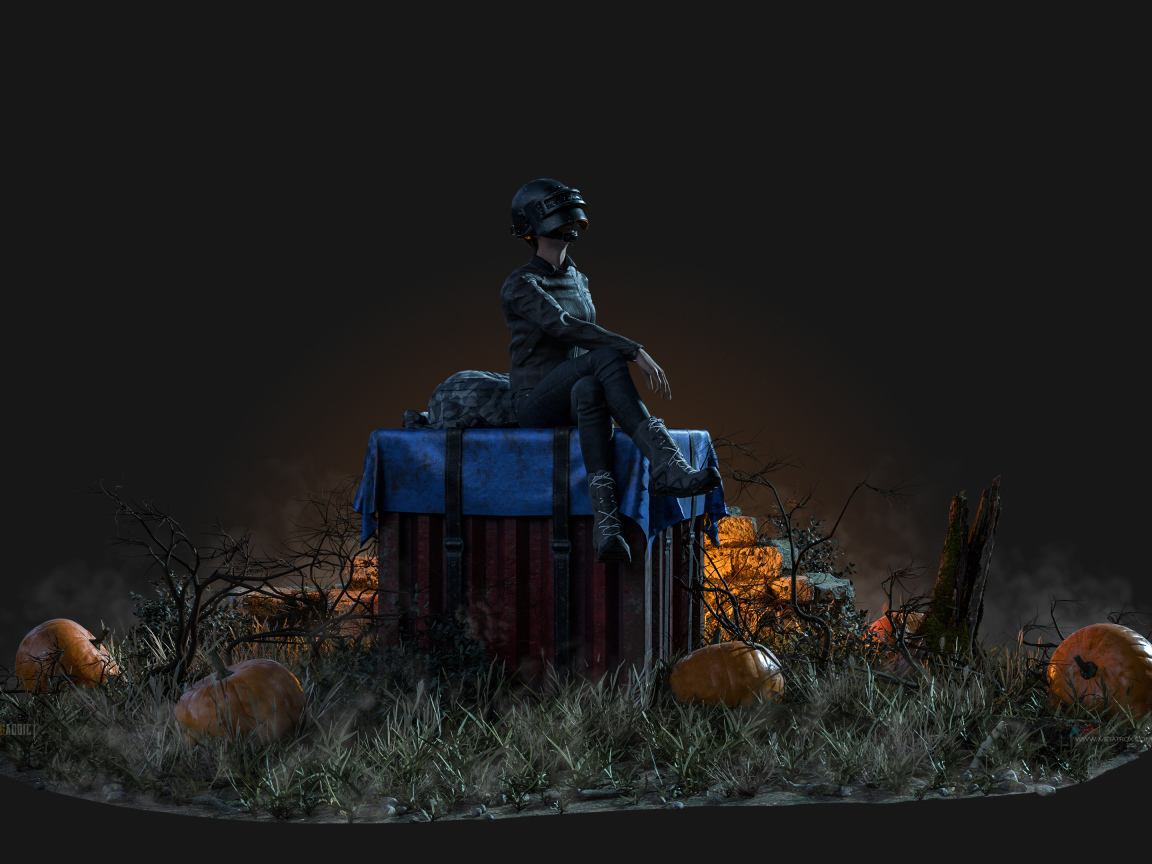 Персонаж компьютерной игры PUBG сидит на коробке 