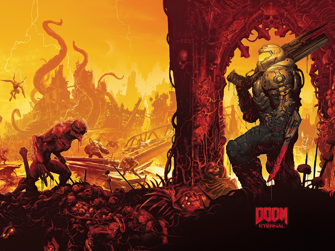 Солдат и монстры из компьютерной игры Doom Eternal, 2020