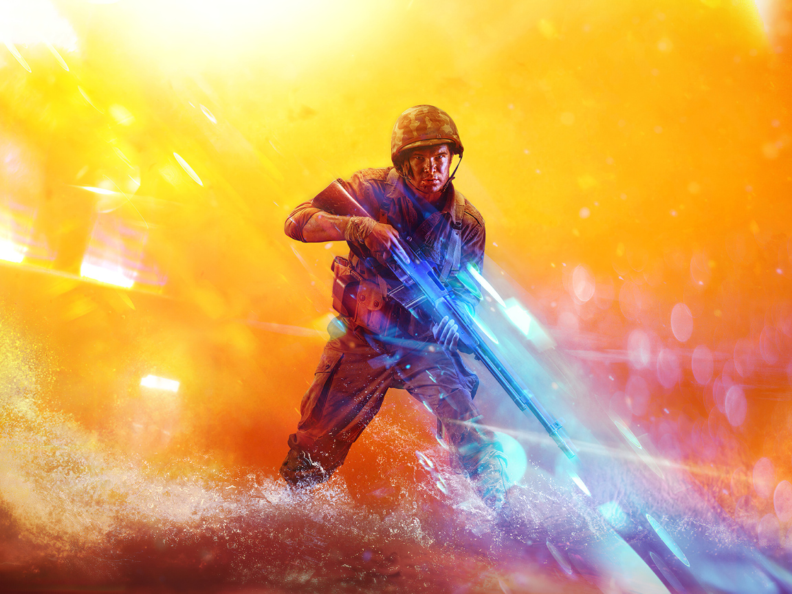 The soldier with weapons from the computer game Battlefield 5