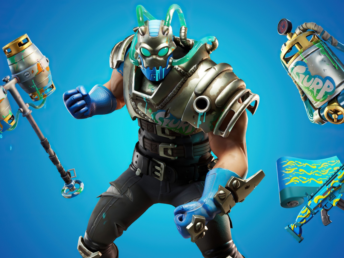 Воин выбирает оружие в игре Fortnite на голубом фоне