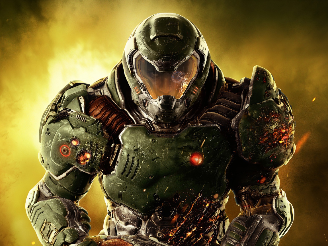 Warrior in armor character computer game Doom Eternal, 2020