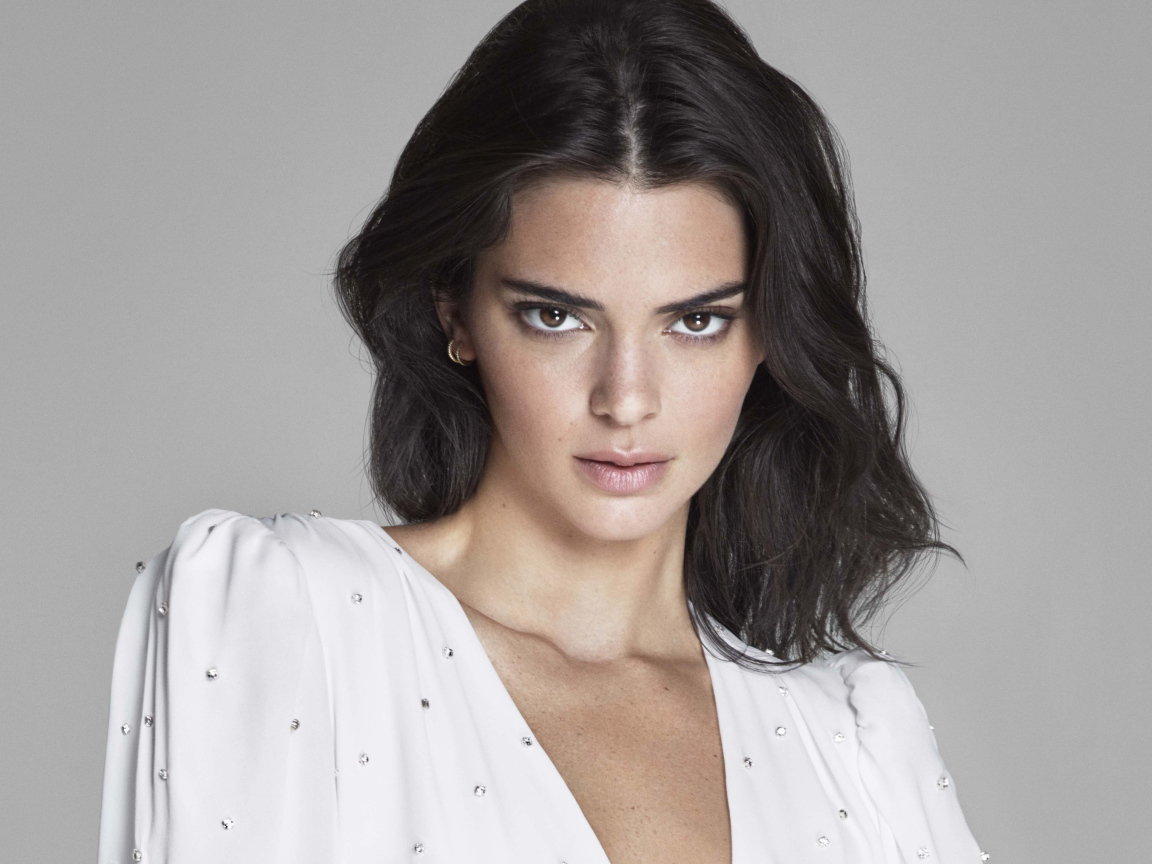 Взгляд брюнетки Кендалл Дженнер на сером фоне