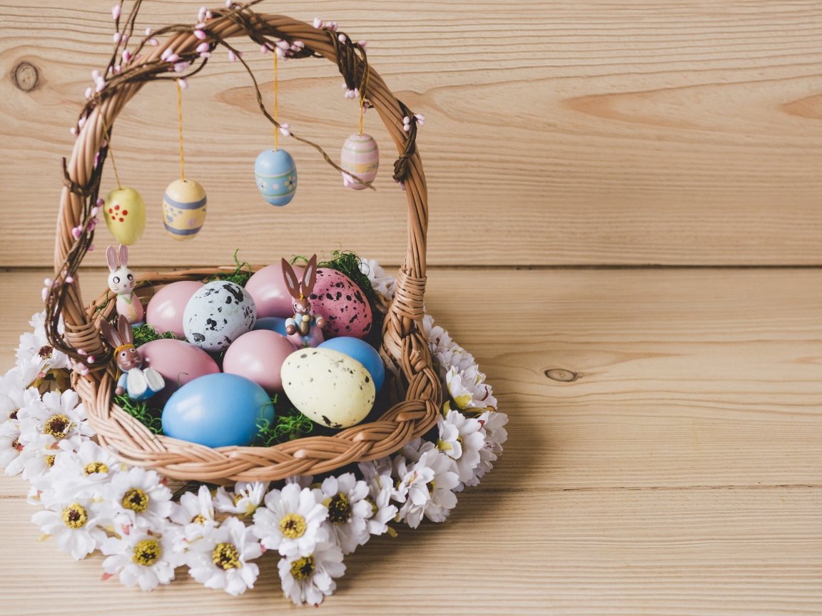 Корзинка с пасхальными яйцами украшена цветами