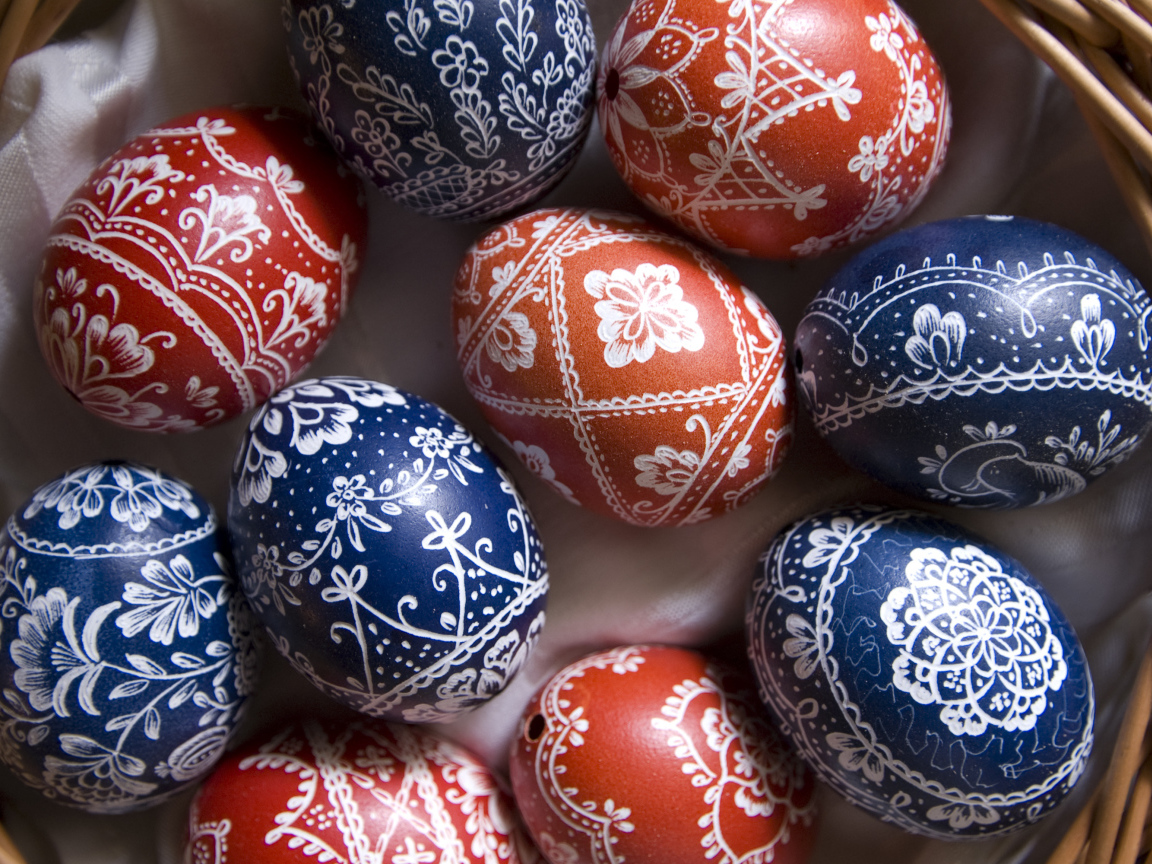 Крашеные яйца с красивым рисунком в корзине на Пасху