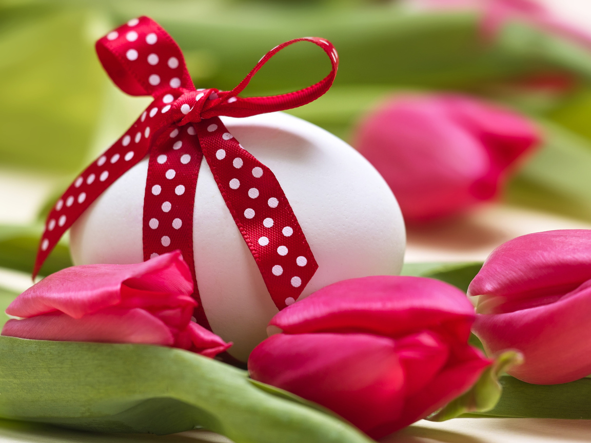 Яйцо с бантом на столе с тюльпанами на праздник Пасха