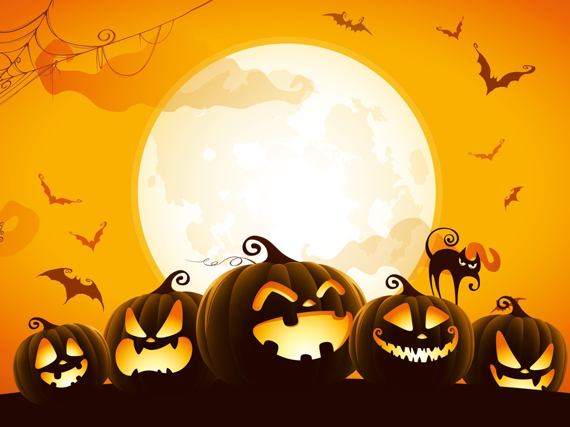Тыквы на фоне желтой луны на Хэллоуин