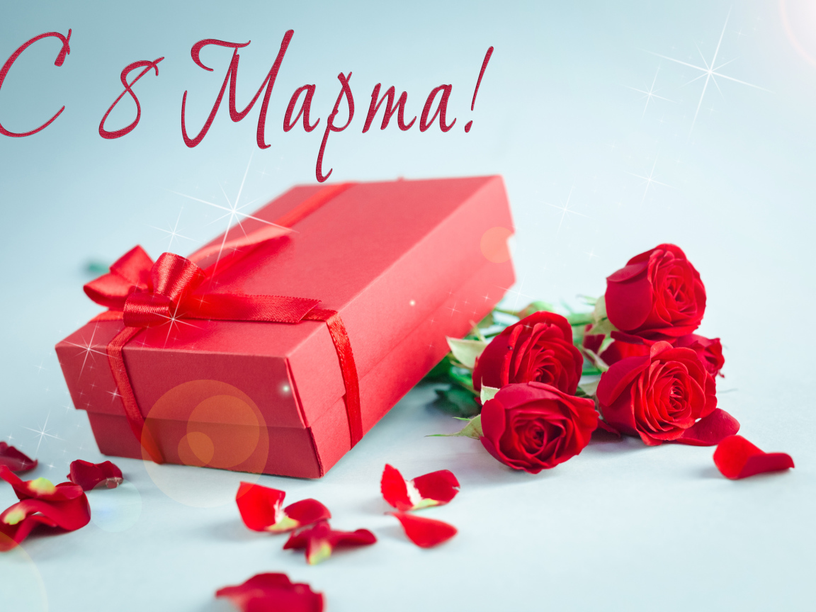 Красные розы с подарком на голубом фоне на 8 марта