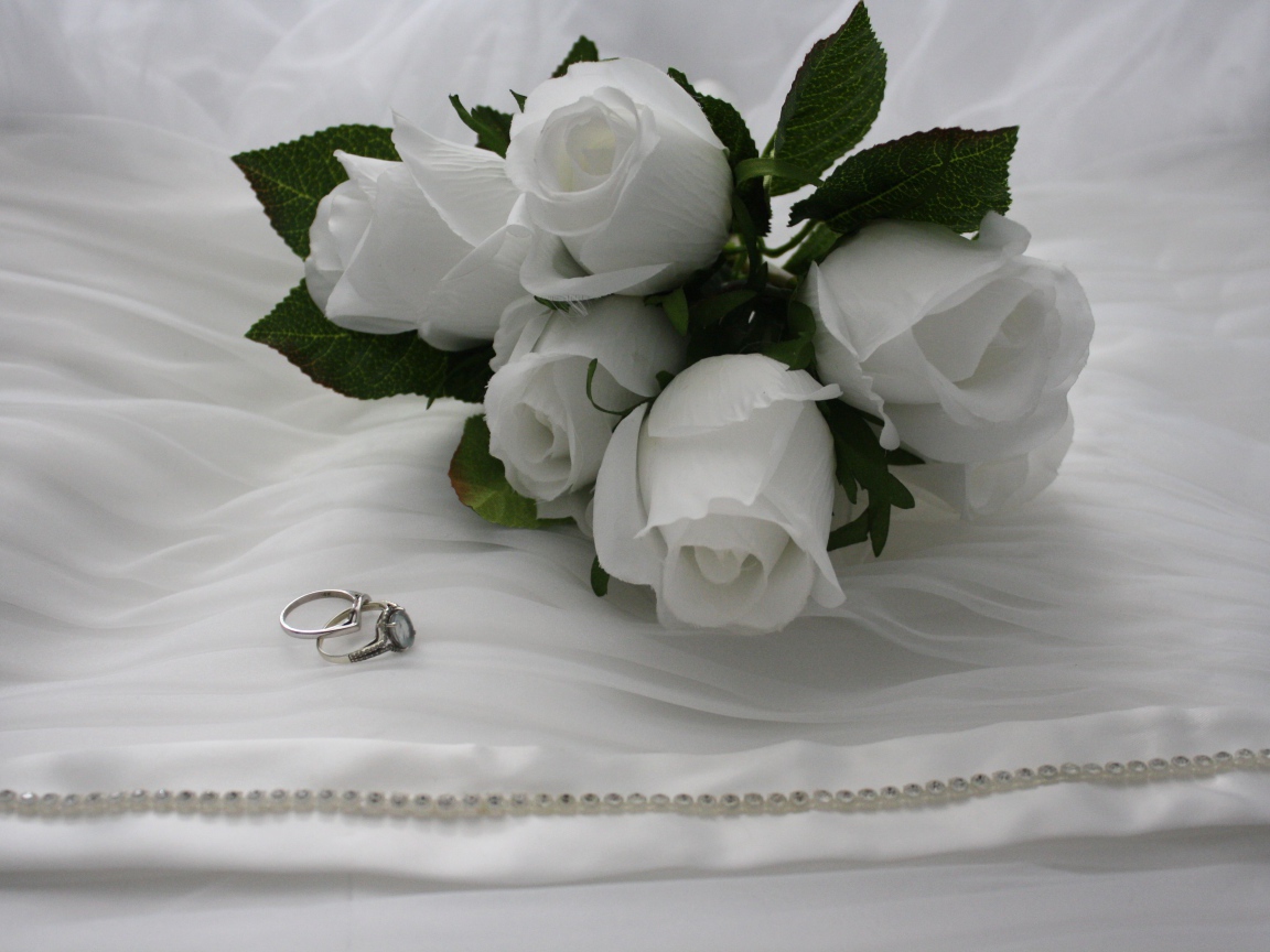 Белые бутоньерки с кольцами на белом покрывале 