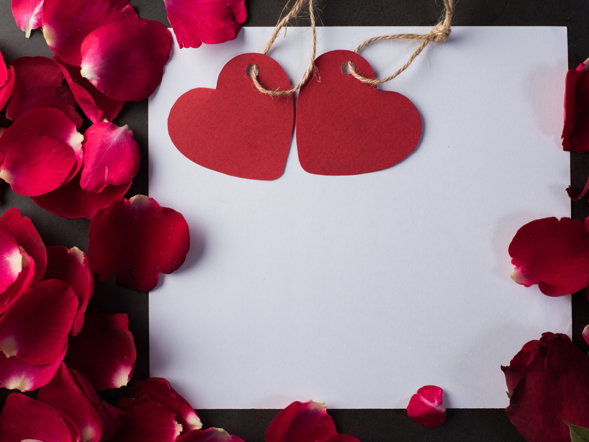 Белый лист бумаги с сердечками и лепестками роз 