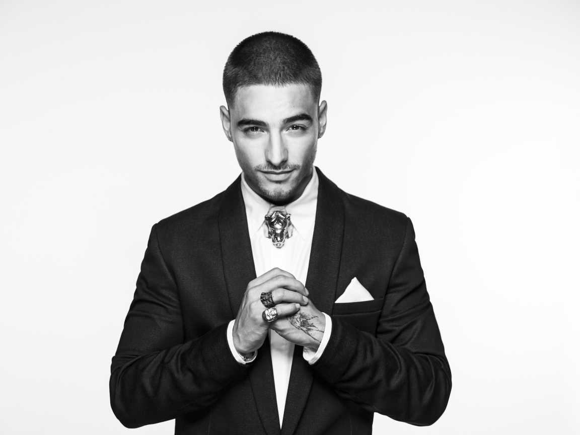 Maluma singer in a suit, black and white photo