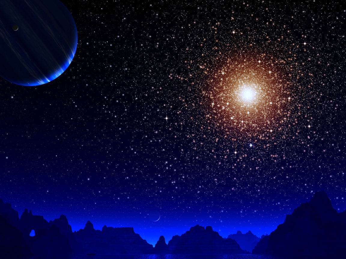 Яркая звезда в небе  с планетой над горами