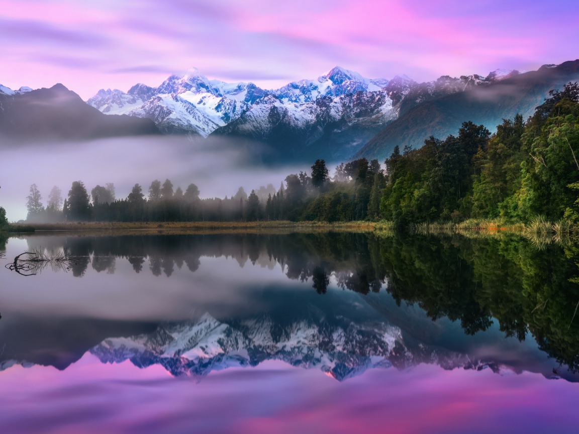 Зеленый лес у туманного озера на фоне гор