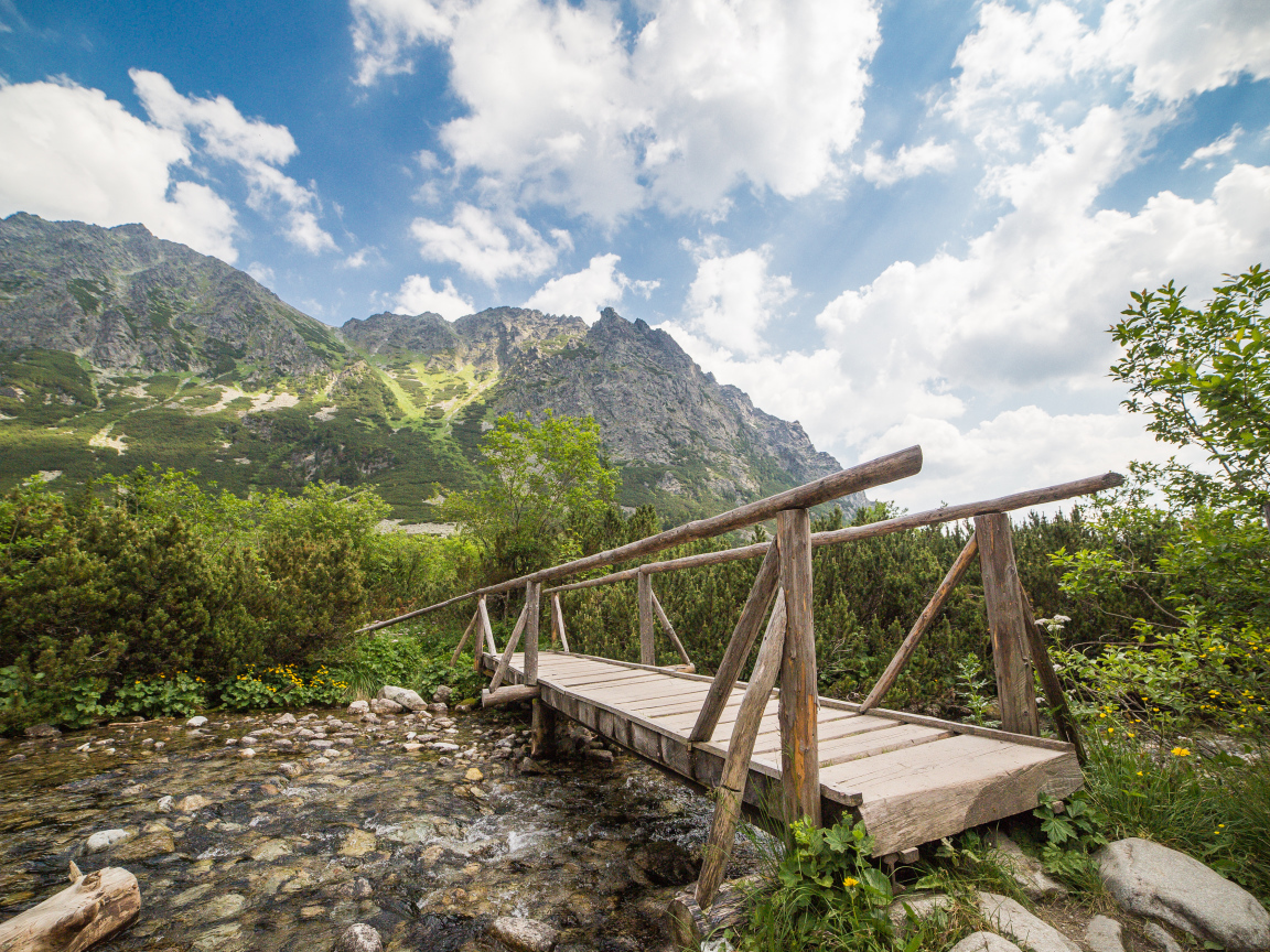 Старый деревянный мост через речку на фоне гор