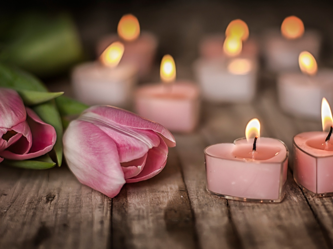 Зажженные стены на столе с розовыми тюльпанами 