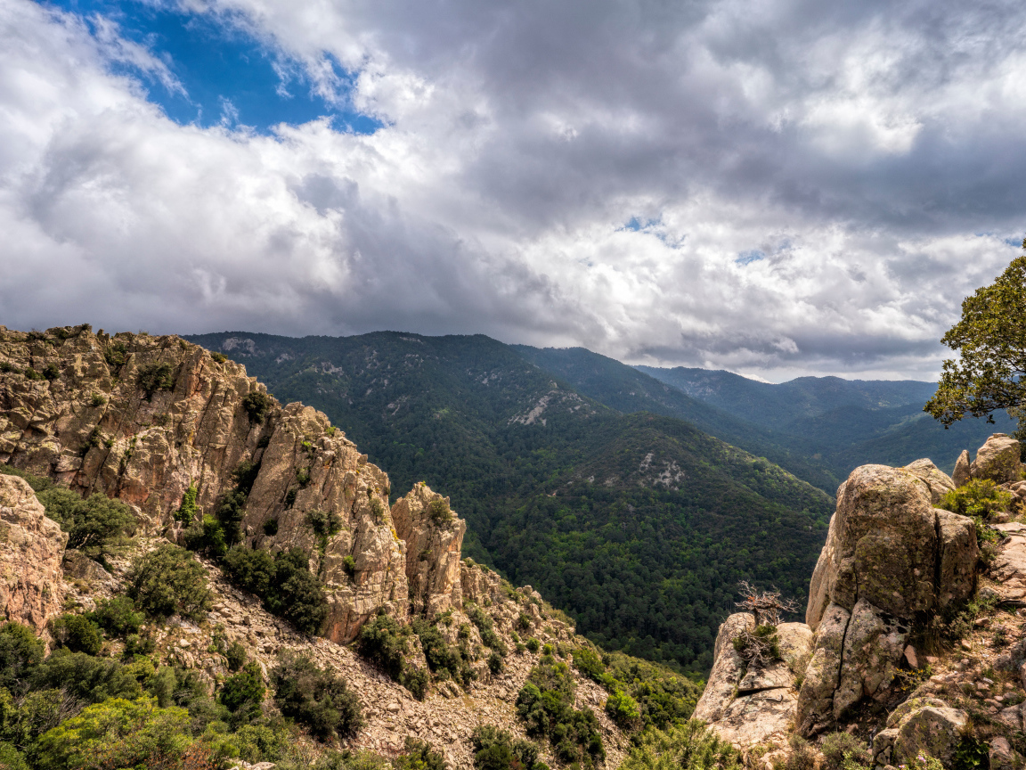 Зеленые вершины гор под белыми облаками 