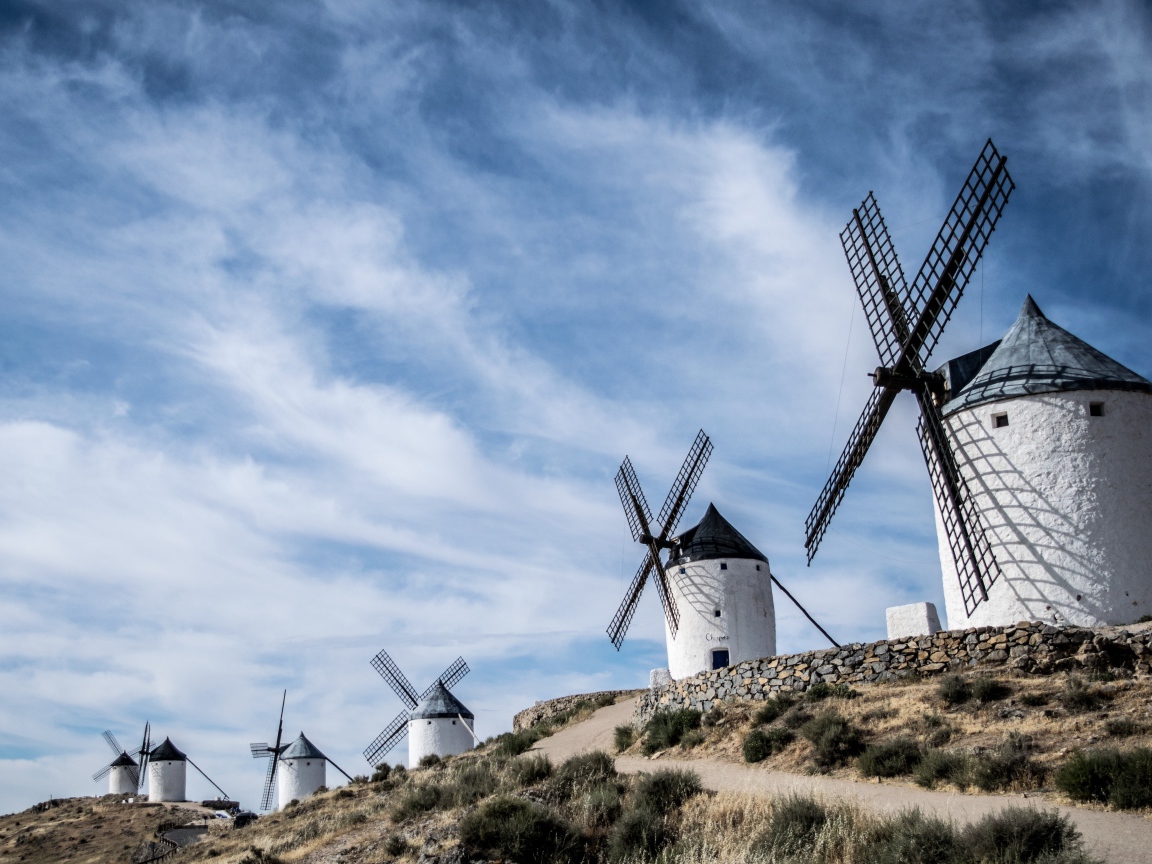 Много ветряных мельниц под голубым небом 