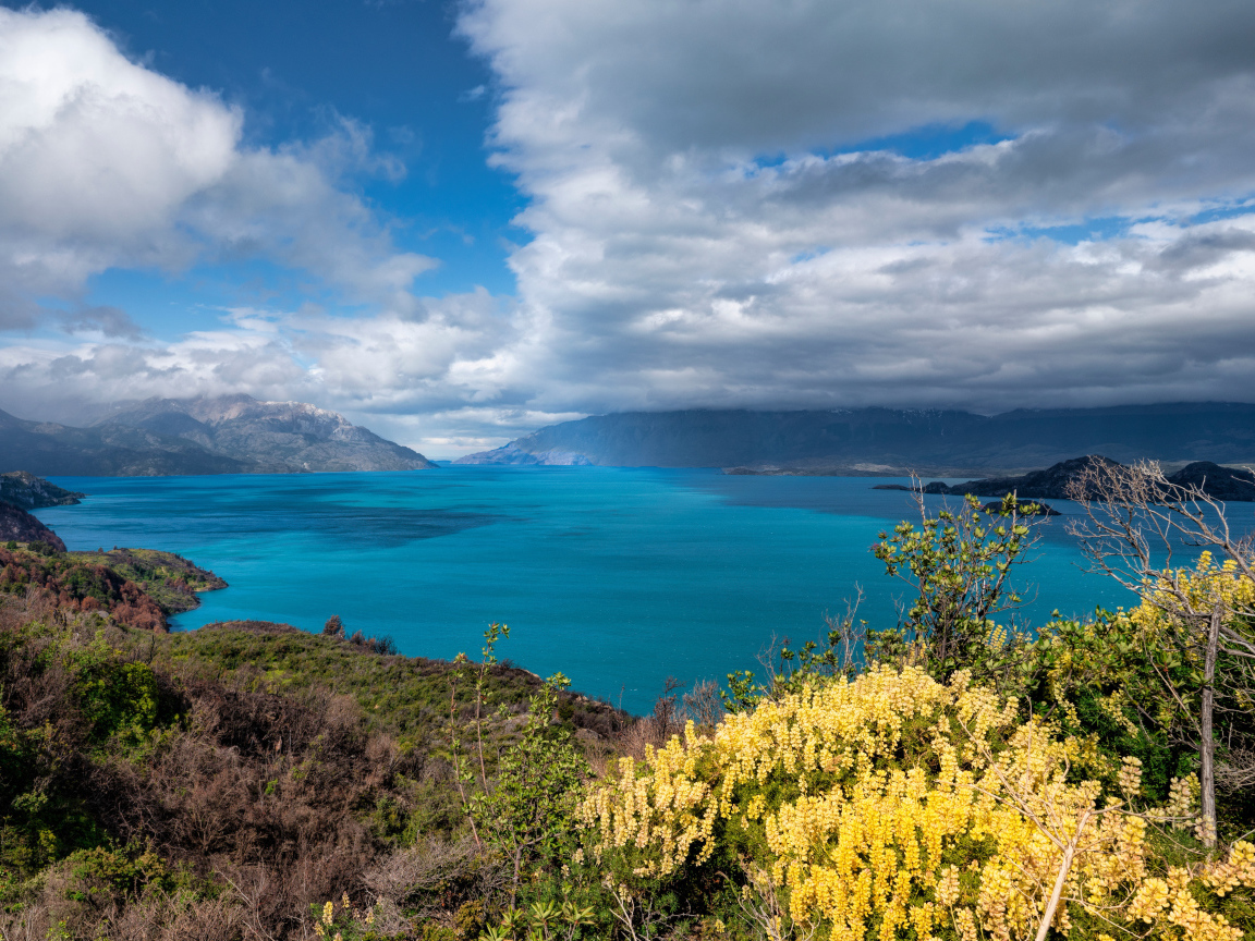 Густые белые облака над озером в горах 