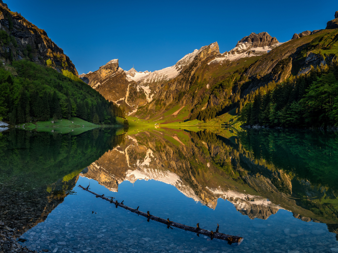Чистая вода в озере у подножия гор, Швейцария 