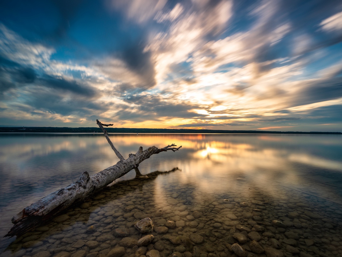 Старое дерево лежит в воде на закате солнца 