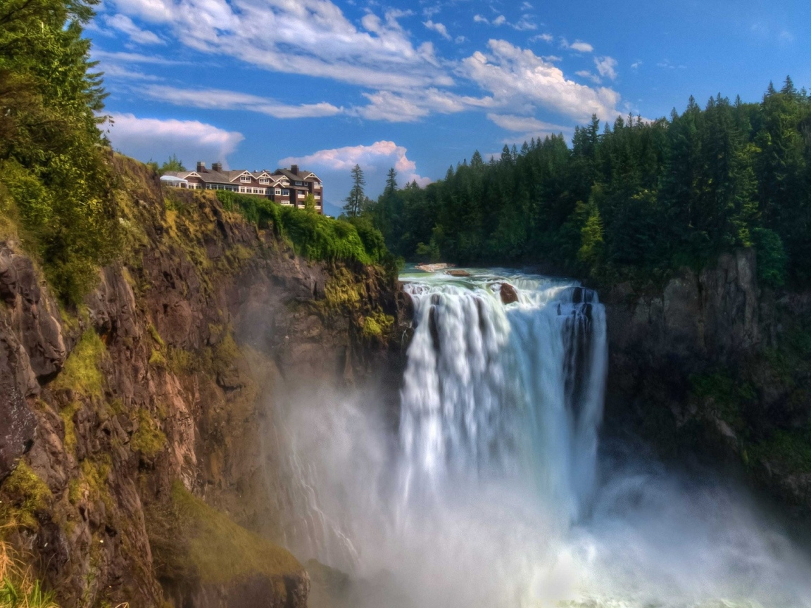 Быстрая вода водопада стекает с утеса у хвойного леса 
