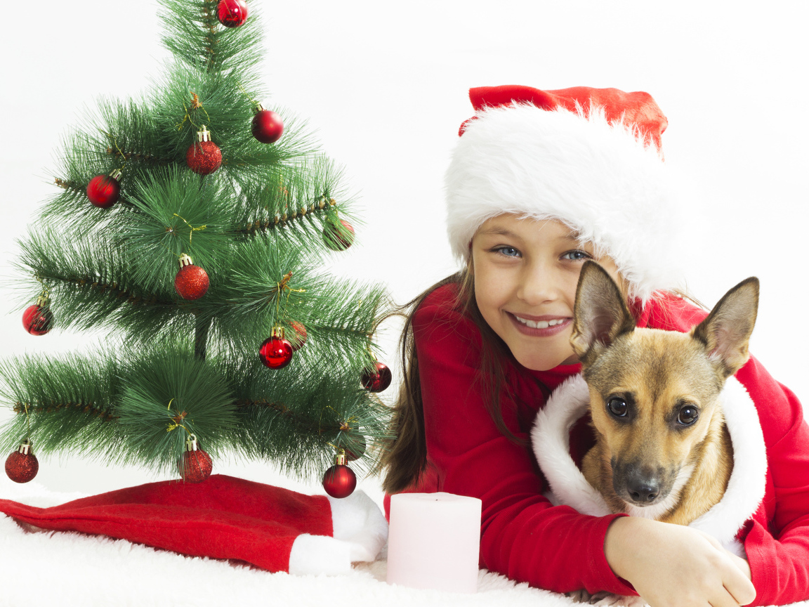 Улыбающаяся девочка с собакой у зеленой елки