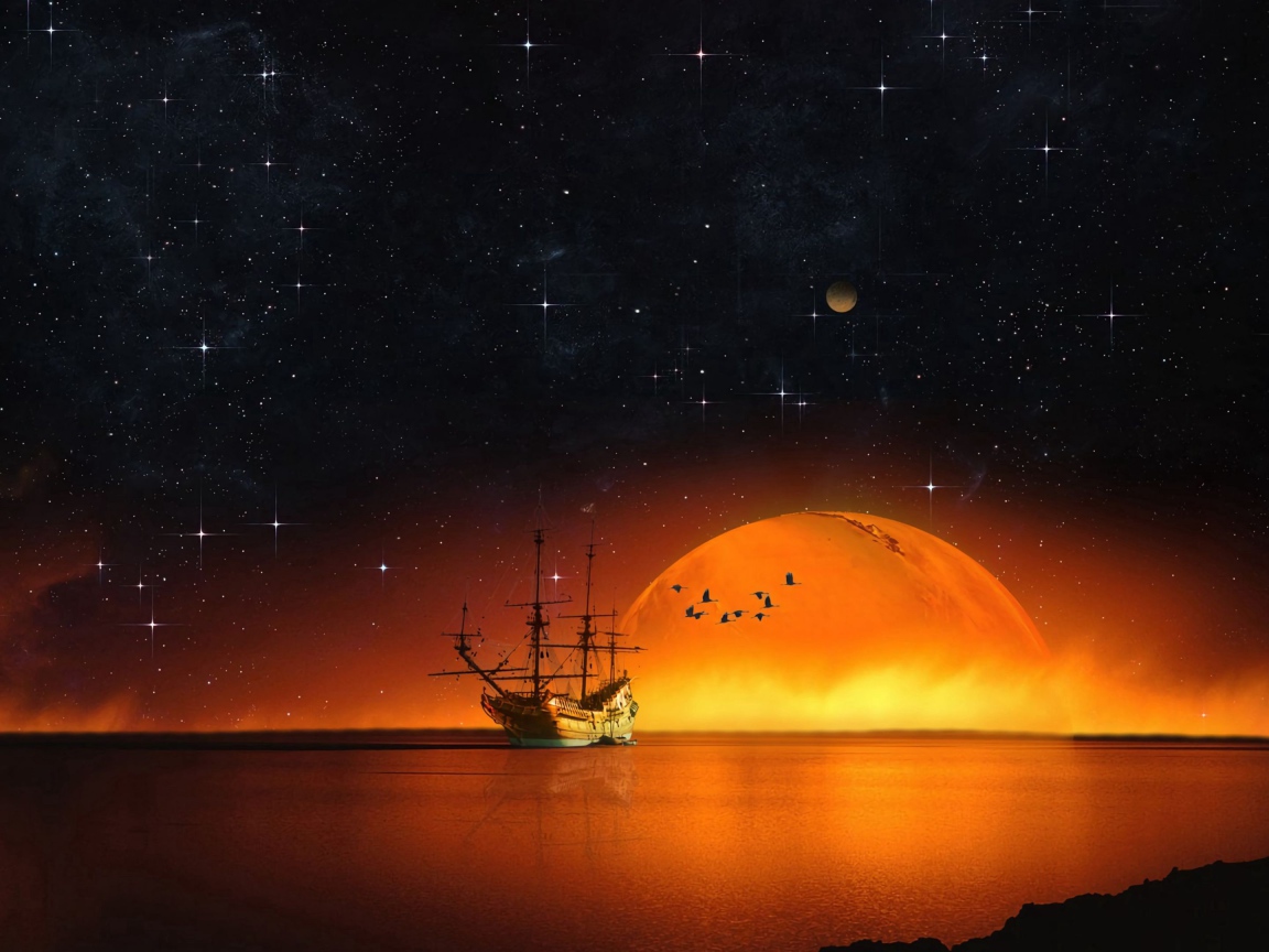 Старый корабль в море с большой оранжевой луной ночью 