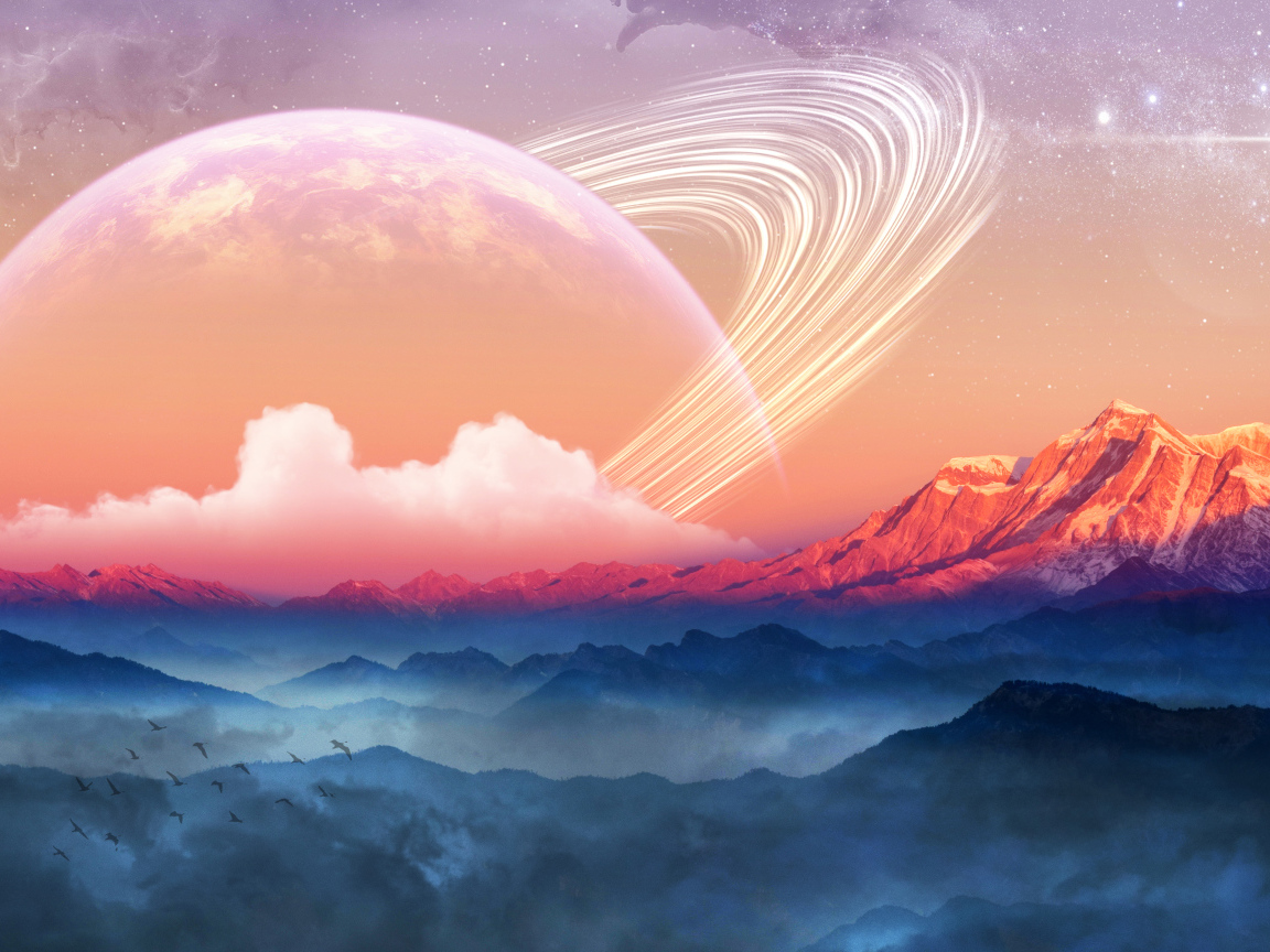 Фантастическое небо с планетами над заснеженными горами