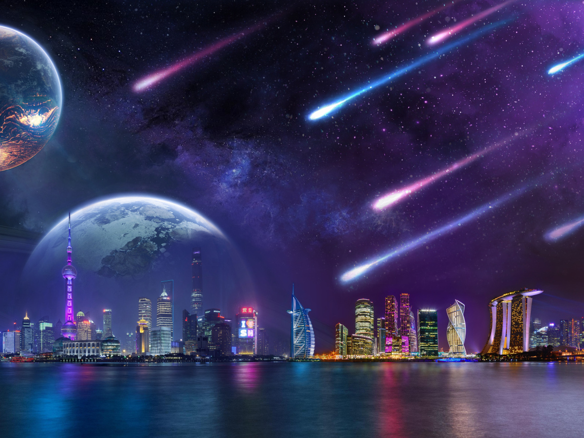 Метеориты в небе с планетами надают на мегаполис ночью