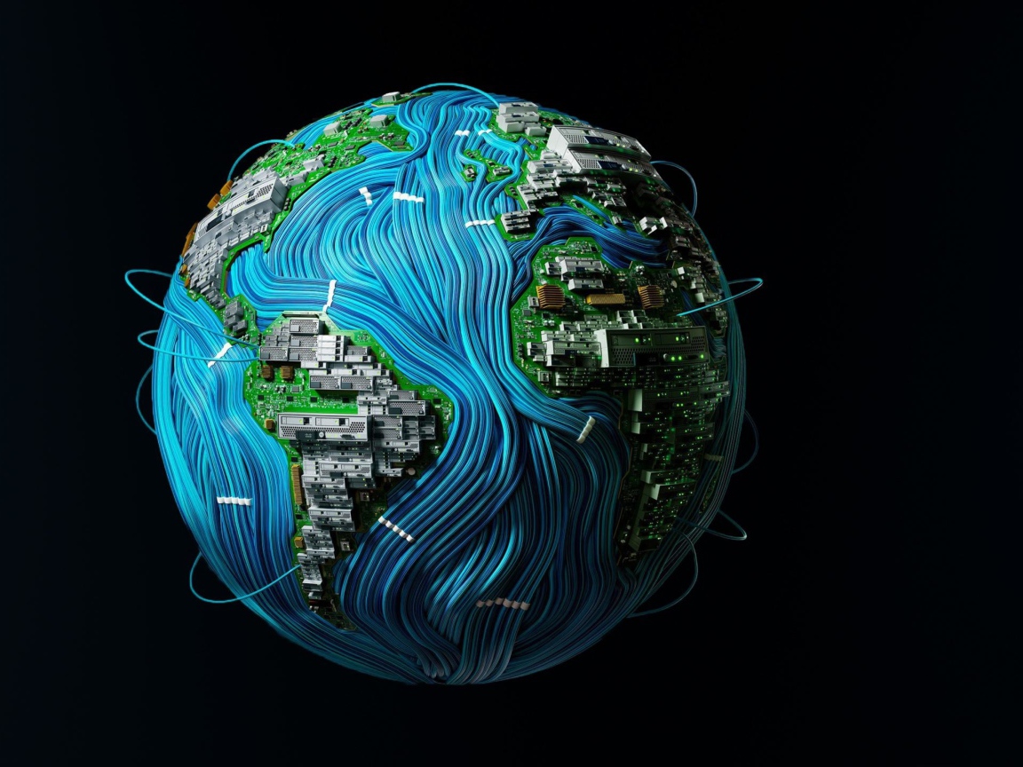 Планета земля окутана проводами на черном фоне