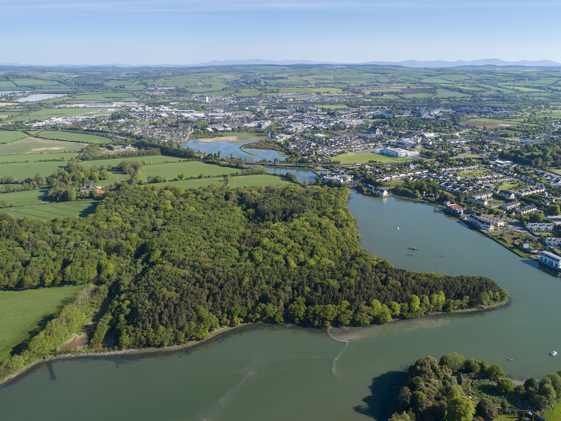 Вид на город и реку у леса с высоты, Исландия