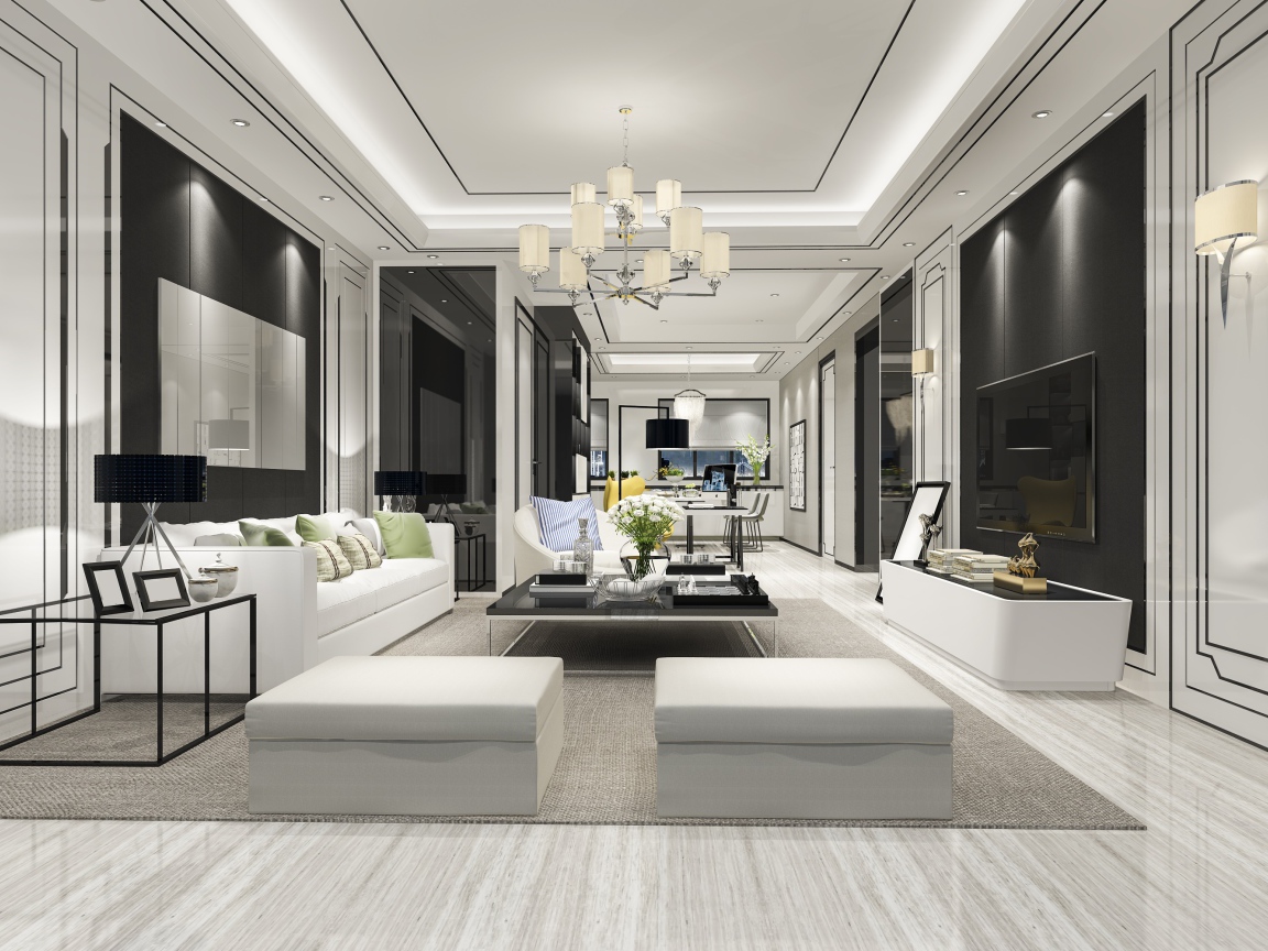 Большая просторная гостиная комната с белой кожаной мебелью