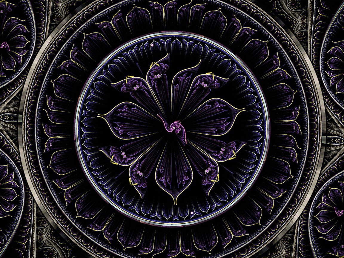 Красивый фиолетовый фрактальный рисунок с золотыми линиями