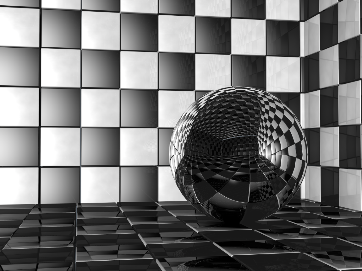 Стеклянный шар в комнате с черно-белыми стенами 3д графика