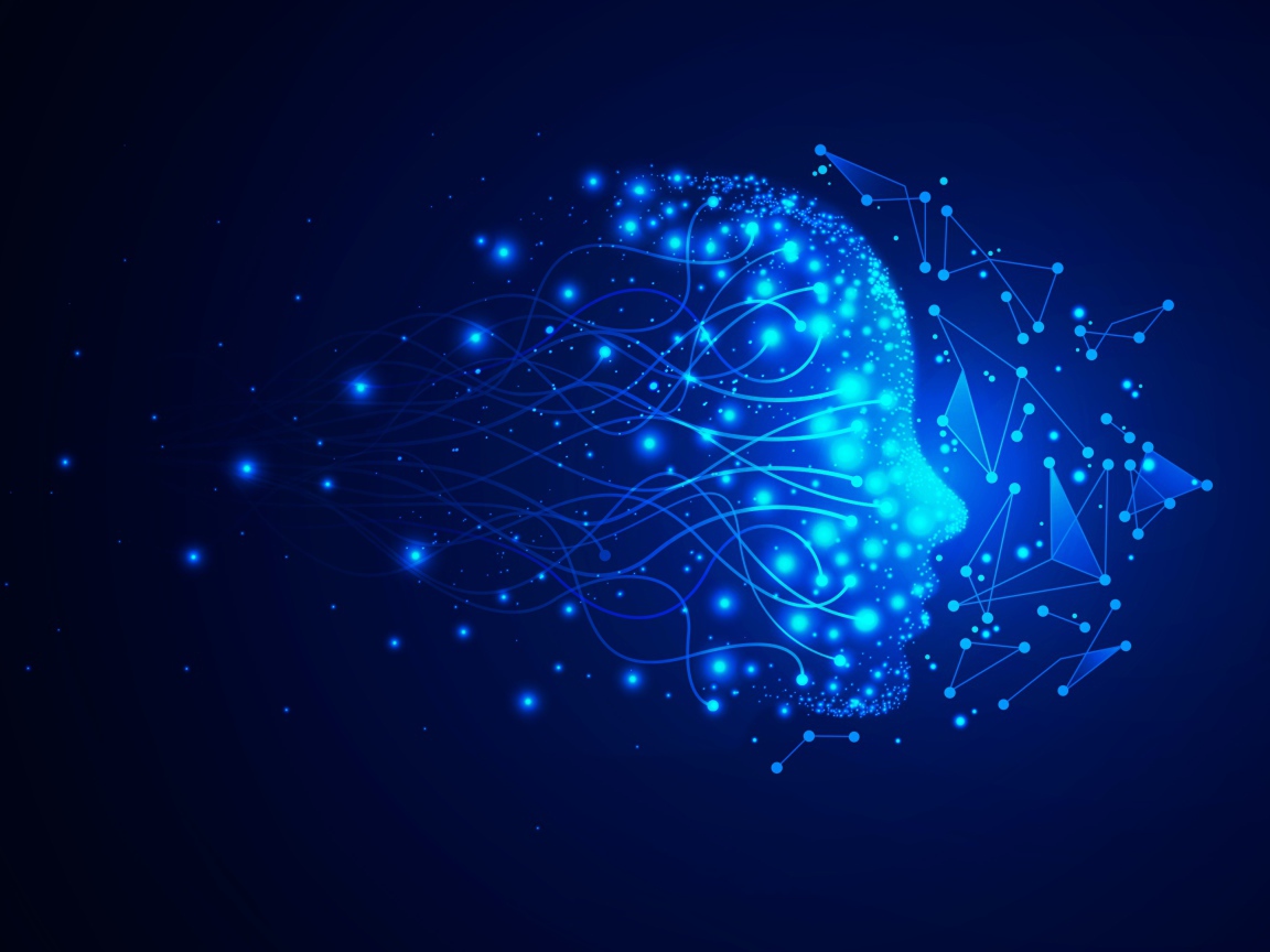 Неоновое лицо с точками на синем фоне 