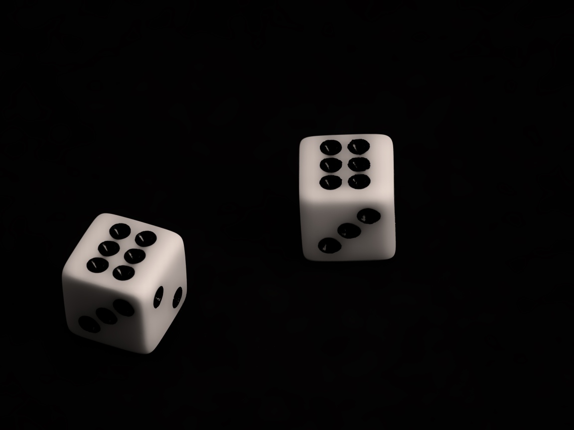 Две белые игральные кости с шестерками на черном фоне