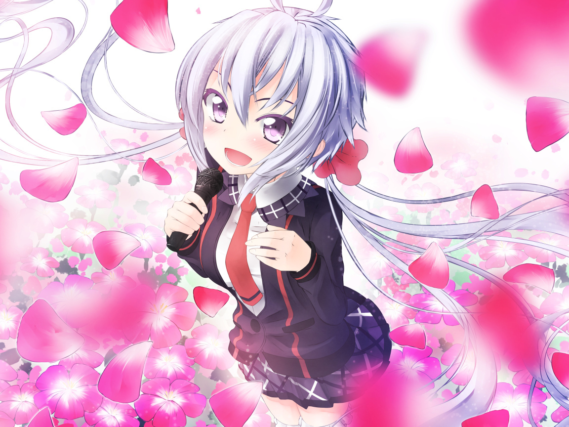 Девушка аниме на фоне с розовыми лепестками 