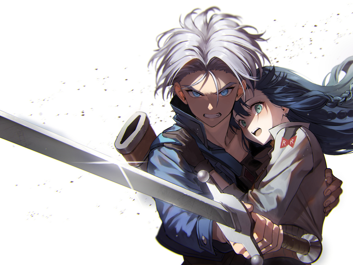 Парень и девушка на белом фоне аниме Драконий Жемчуг Зет