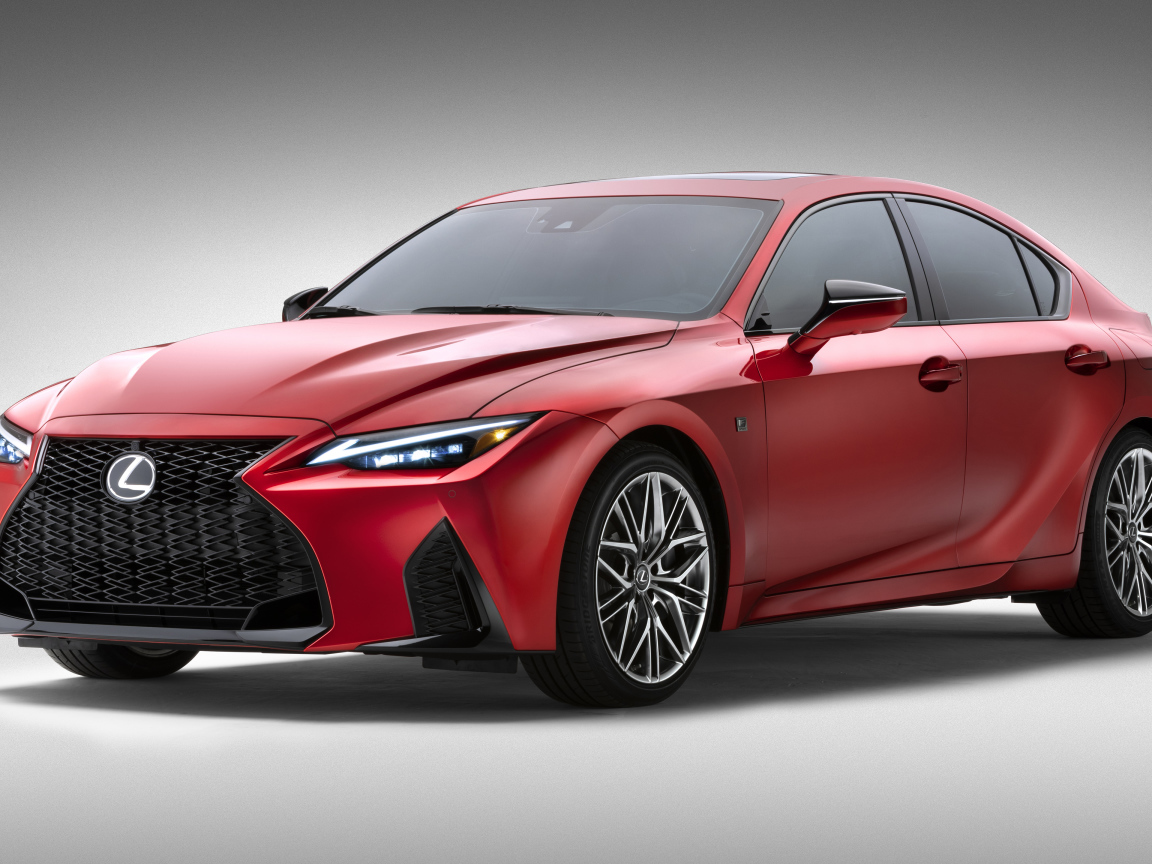 Красный Lexus IS 500 F SPORT Performance, 2022 года на сером фоне