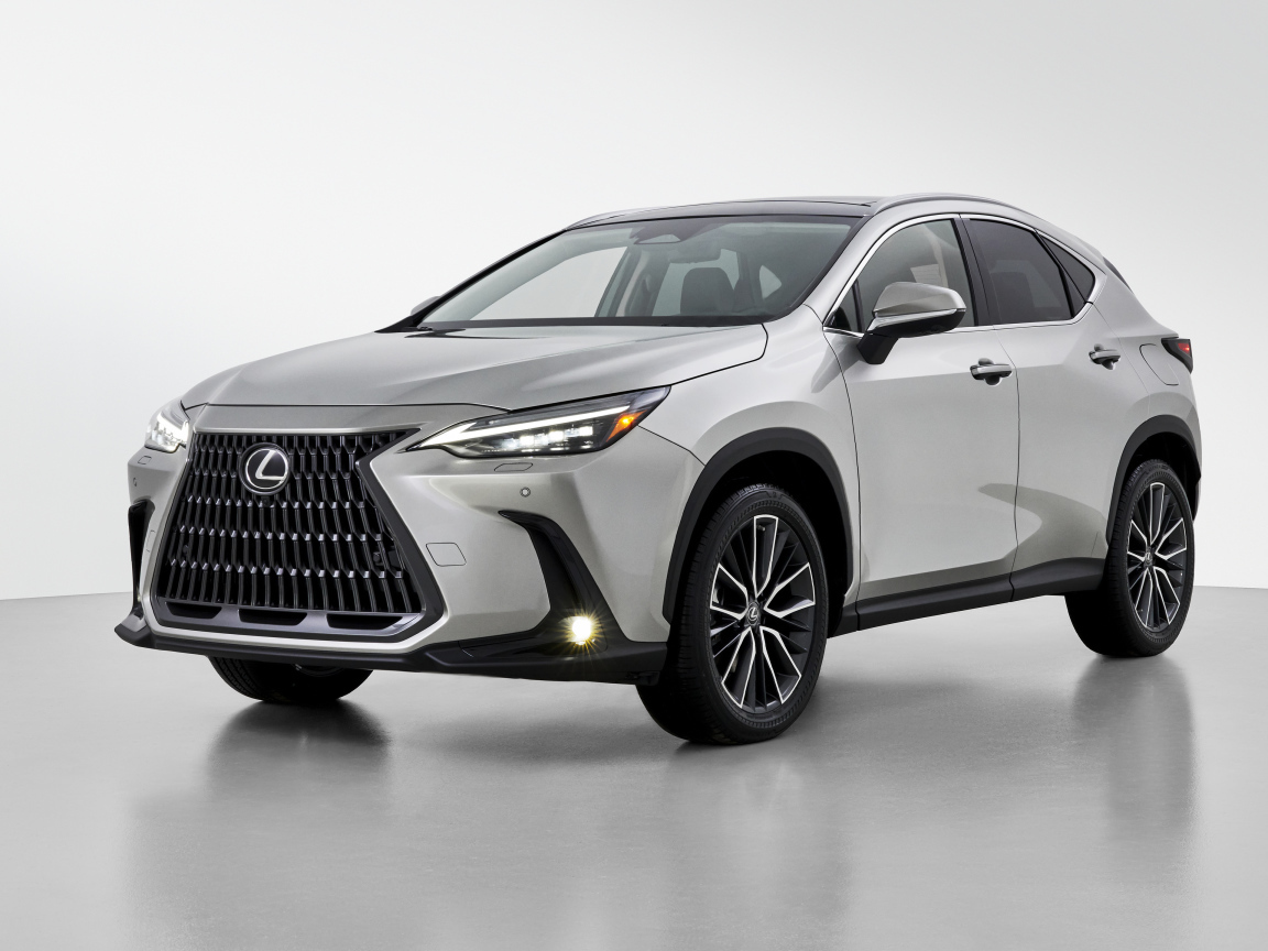 Серебристый автомобиль Lexus NX 350, 2022 года на белом фоне