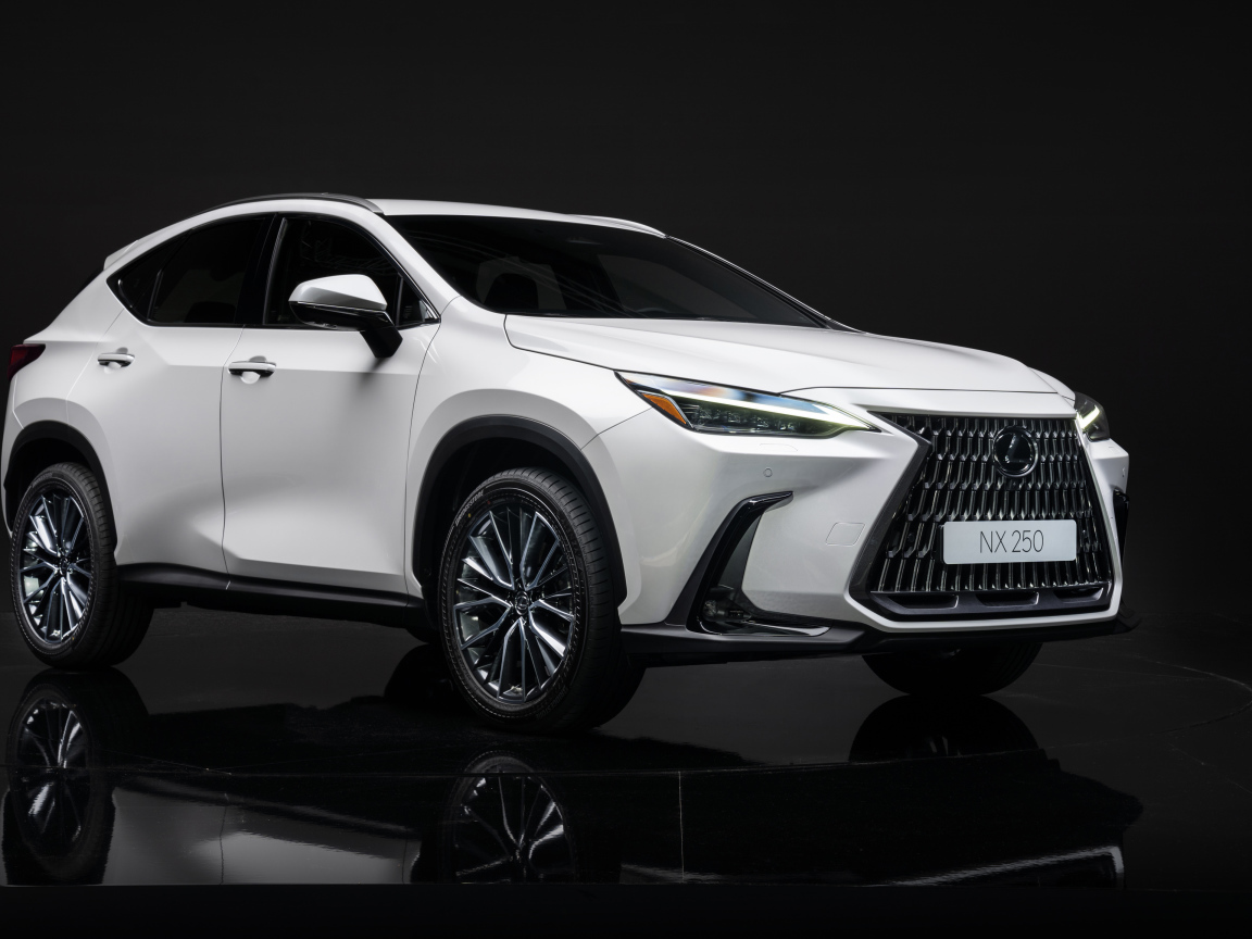 Белый автомобиль Lexus NX 250, 2021 года на черном фоне