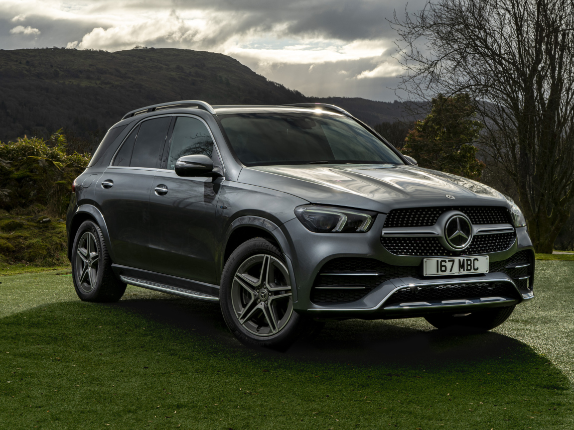 Silver car Mercedes-Benz GLE 350 De 4MATIC AMG Line on the grass
