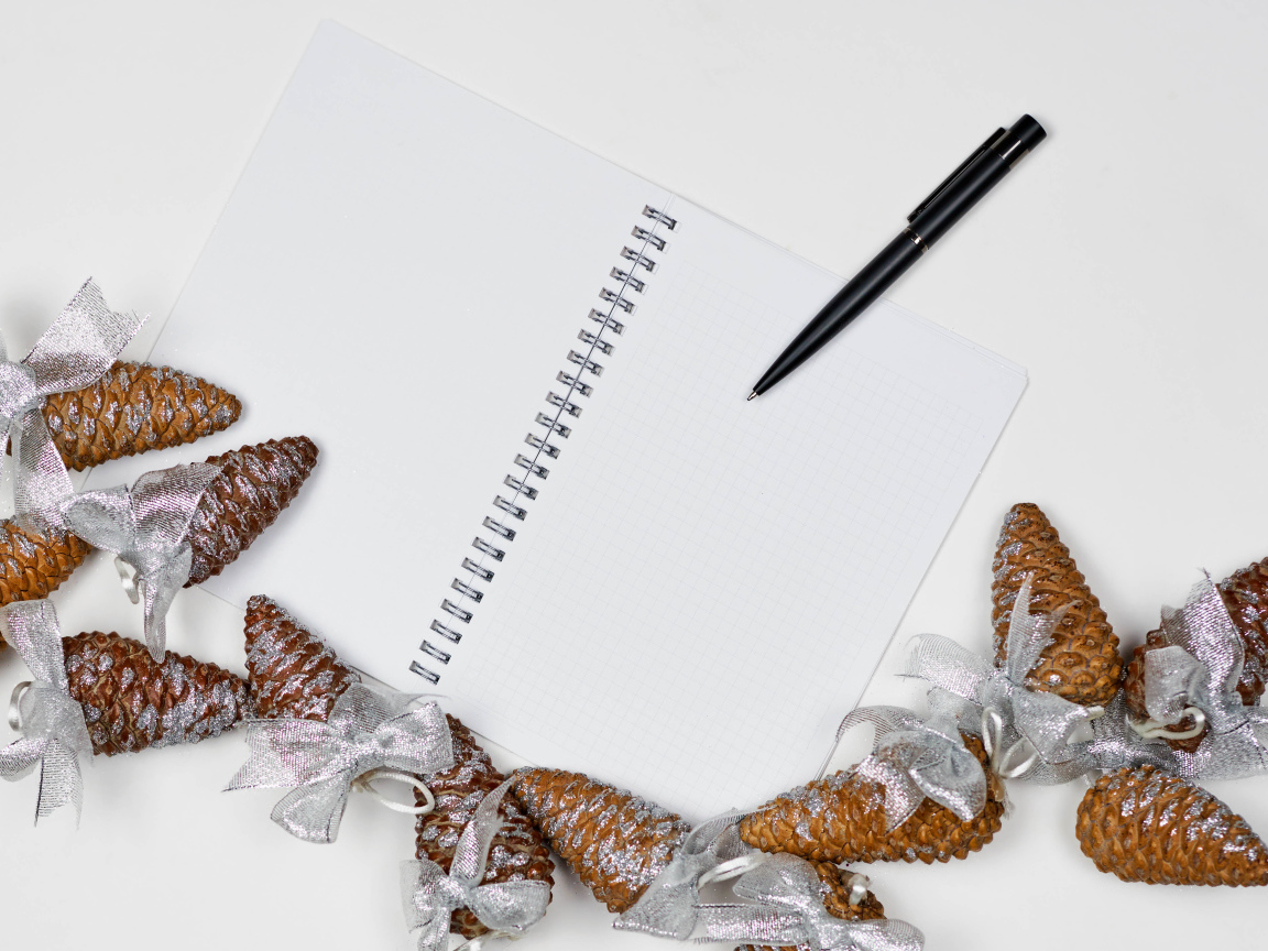 Еловые шишки на столе с блокнотом и ручкой