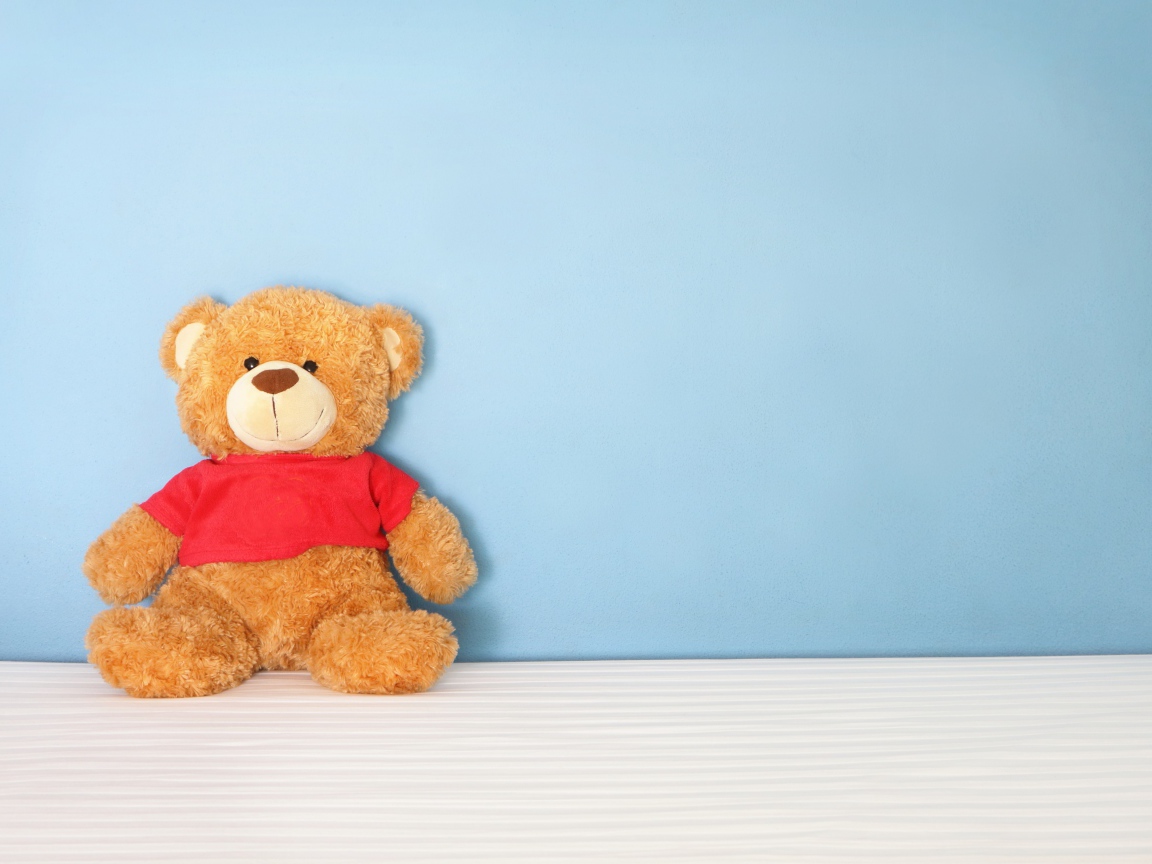 Плюшевый мишка на фоне голубой стены