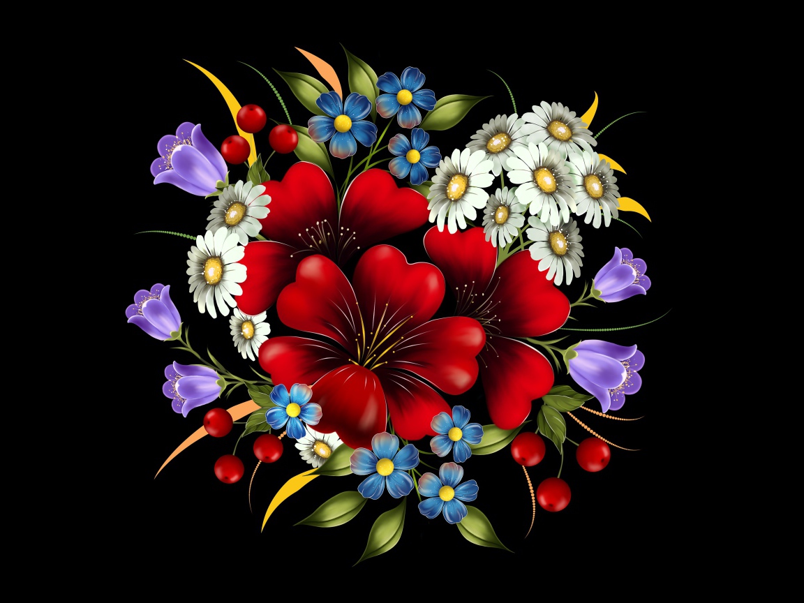 Нарисованные цветы на черном фоне