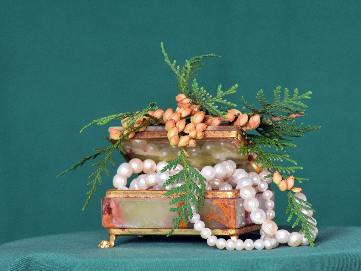 Шкатулка с бусами из жемчуга на зеленом фоне 