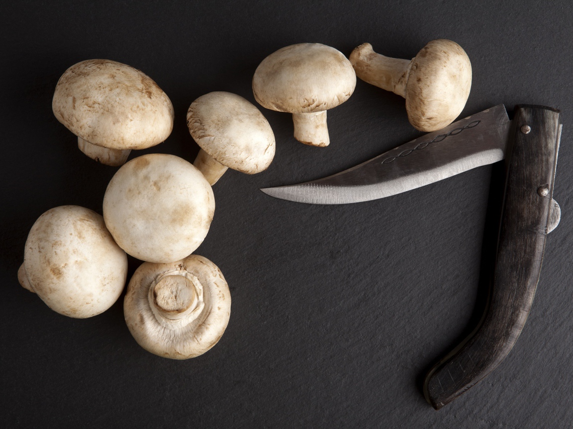 Шампиньоны на сером столе с ножом