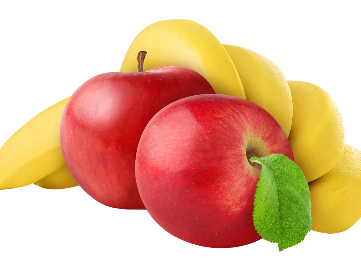 Два красных яблока с бананами на белом фоне