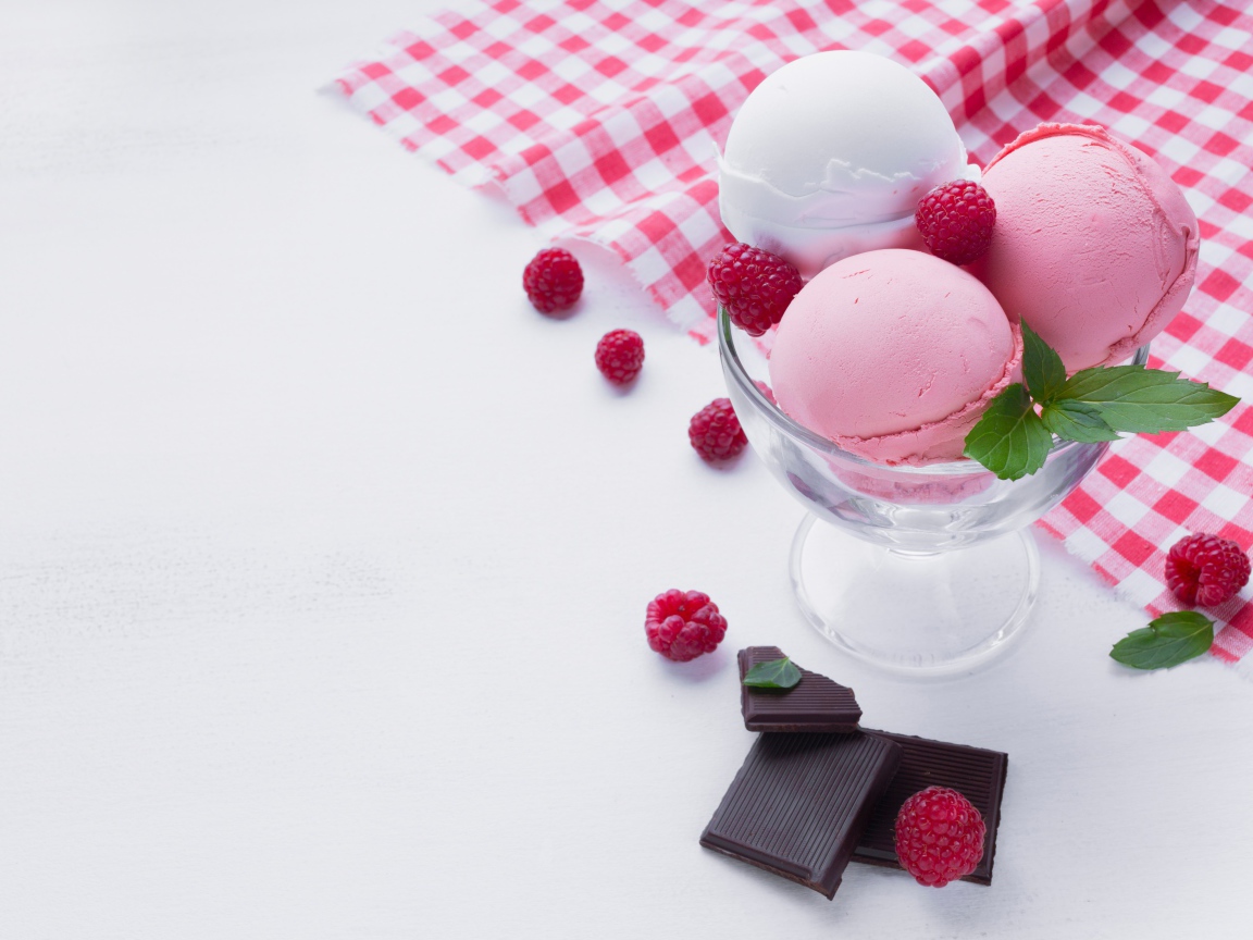 Шарики мороженого с ягодами малины и кусочками шоколада