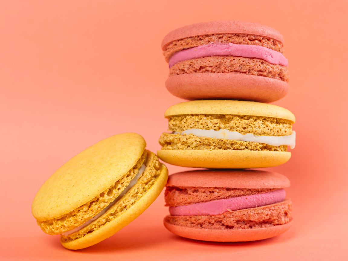 Разноцветный десерт макарон на розовом фоне